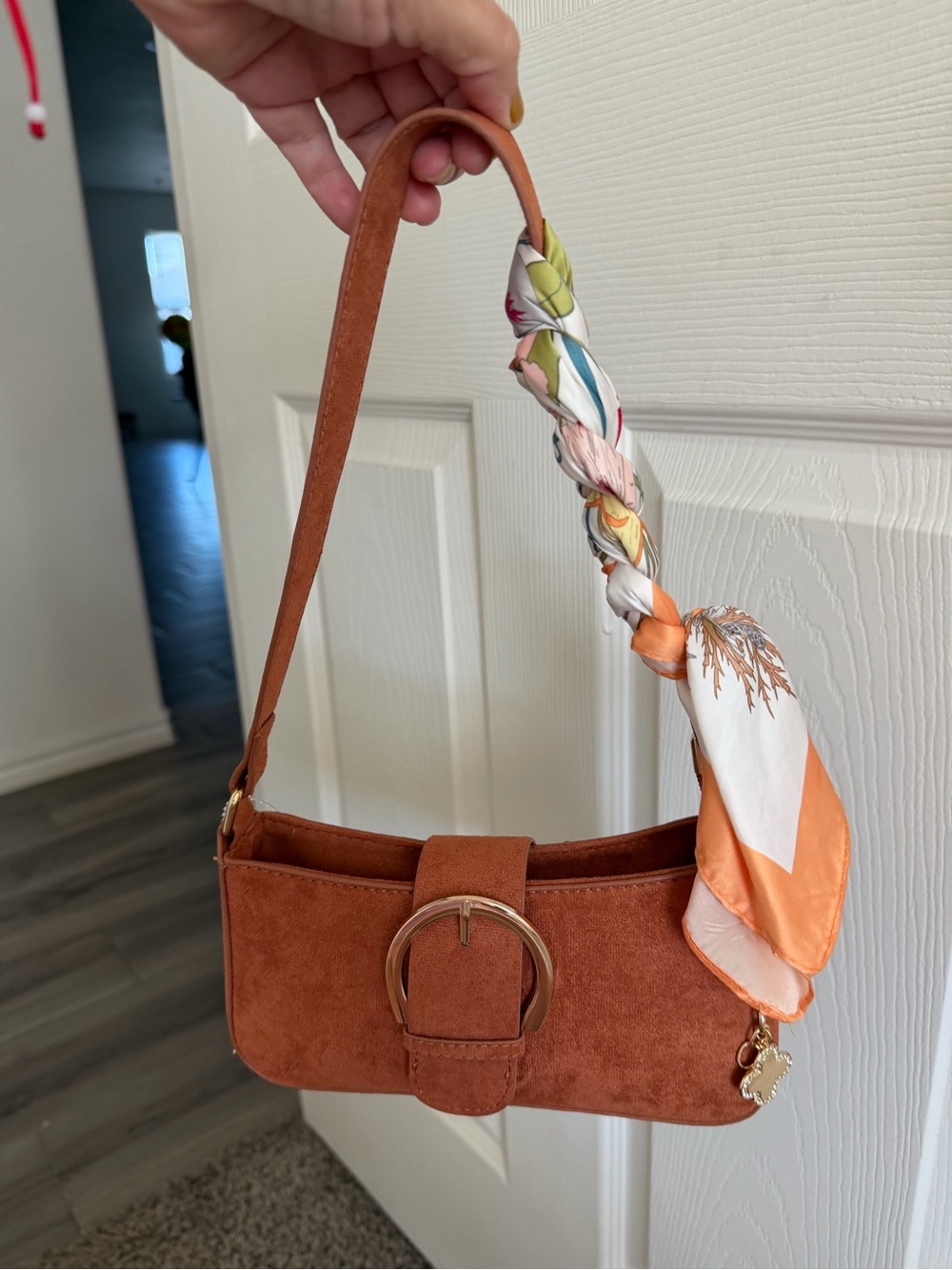 Rust Orange Suede Shoulder Bag with Decorative Scarf Accent